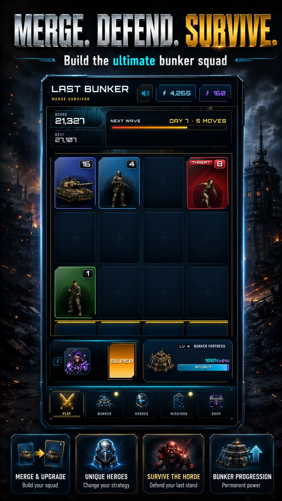 Game screenshot showing merge defense gameplay