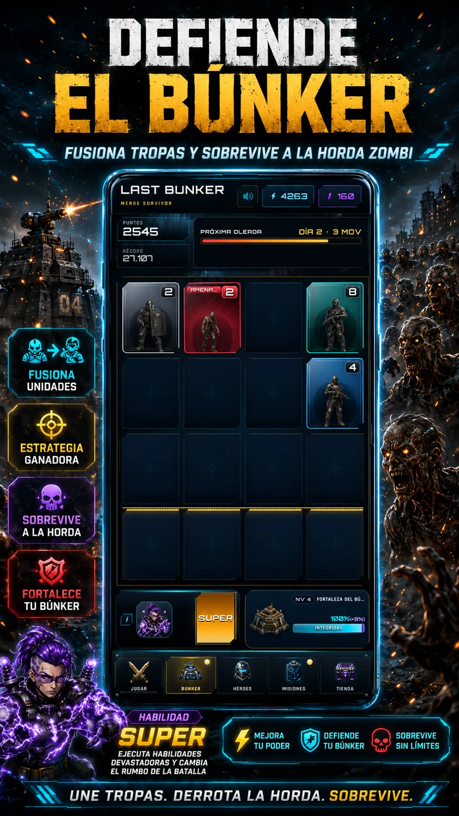 Captura del juego mostrando gameplay de merge y defensa