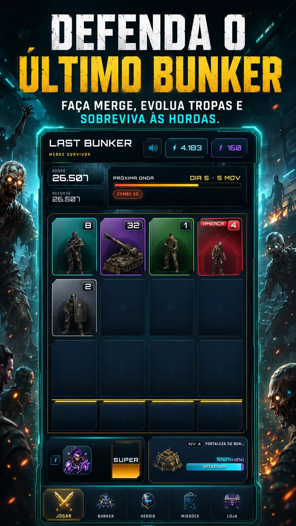 Captura do jogo mostrando gameplay de merge e defesa